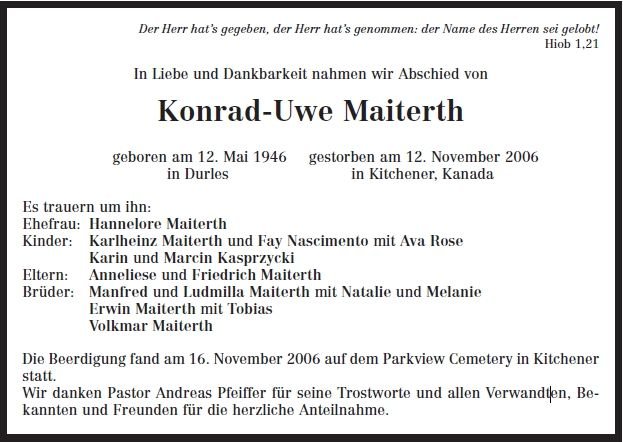 Maiterth Konrad Uwe 1946-2006 Todesanzeige